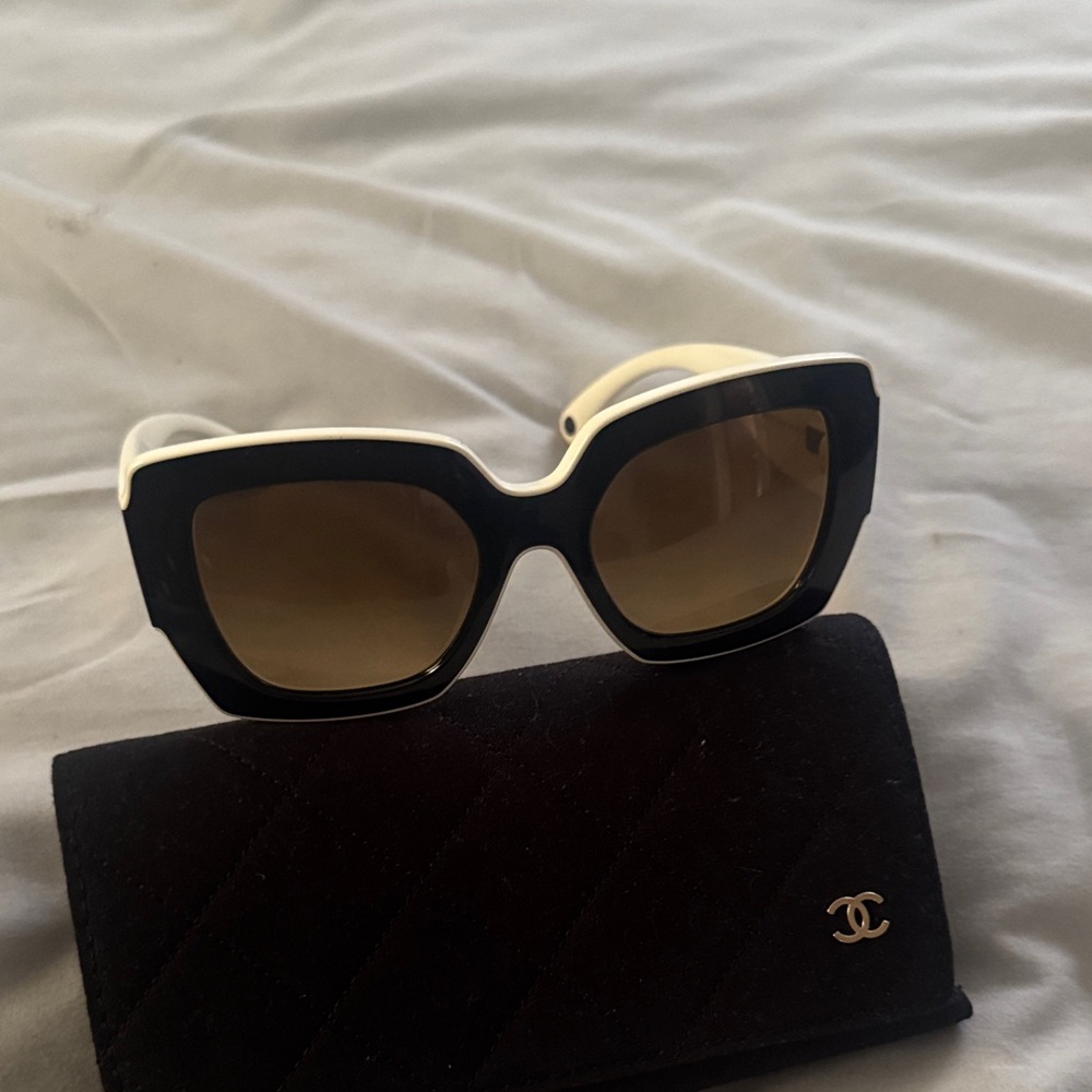 CHANEL Black and Cream Women's Sunglasses - Picture 4 of 4
